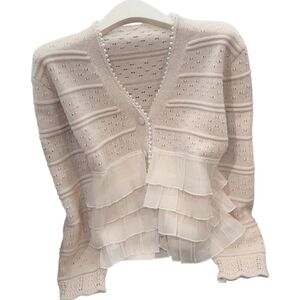 Ruffled beige light khaki knit pearl detail button‎ up cardigan sweater M
